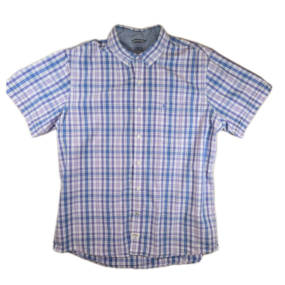 IZOD Saltwater Shirt Mens XLarge Blue Purple Plaid Short Sleeve Button Down